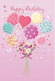 This illustrated birthday scene combines joyful colour with gentle elegance, as if a bouquet prepared in Millwall has been transformed into a floating daydream. Against a soft, warm pink background, a bundle of pastel balloons rises, forming a cloud of celebration at the centre of the image. Each balloon is unique: some are dressed in curving candy-striped bands of teal, lemon, and lilac, others are sprinkled with lively white polka dots on blush and fuchsia, while a few glow with subtle washes of sunshine yellow and sea green. Near the centre floats a sweet heart-shaped balloon, quietly suggesting love and gratitude. Fine ribbons fall from the balloons and seem to tie directly into a small bouquet at the base, uniting the elements into one cohesive arrangement. The bouquet features delicate flowers reminiscent of roses and anemones, their petals soft and layered, painted in creamy ivory, powdery pink, and muted mauve. The blooms appear freshly arranged, like birthday flowers ready for delivery to a home or office along Millwall's streets. A deep violet satin bow holds the stems together, the rich colour adding contrast to the pastel palette above and its glossy texture hinting at a carefully finished design. Tiny twinkling stars and graceful butterflies are dotted around the composition, giving the impression that the arrangement is surrounded by a quiet shimmer of birthday magic. The overall feel is light, sweet, and celebratory, evoking the happiness of a birthday greeting that has been chosen with real care and an eye for detail typical of a dedicated local Millwall florist.