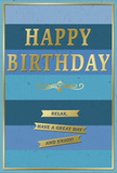 This birthday card, shown in a clear, front-facing view, balances cool blue tones with warm golden highlights, capturing the easygoing yet celebratory mood of a birthday in Millwall. The background is built from broad horizontal stripes, each a different shade of blue, stacked like calm waves. At the top, a deep navy stripe leads into progressively lighter bands of royal and mid-blue, then into a soothing teal, finally ending in a soft, pale blue at the base. The progression feels gentle and welcoming, evoking open sky and water. Dominating the centre is the phrase "HAPPY BIRTHDAY," embossed in large, uppercase letters of metallic gold. The font is simple and confident, and the gold foil has a soft shine that adds a sense of occasion. Just below, a delicate golden flourish curves gracefully outward, acting as a decorative divider between the main greeting and the words beneath. Under this flourish, three slim golden banners are arranged one below another like small ribbons. Their surfaces have a subtle gleam and appear slightly raised from the card, each banner carrying part of the friendly message: "Relax, have a great day and enjoy!" A very fine gold border traces the edge of the card, giving the design a finished, polished feel, like a framed piece of art on a Millwall apartment wall. The card stock appears smooth and sturdy, with the embossed elements offering a gentle texture. This is a birthday card that suggests quiet contentment and thoughtful wishes, just right to pair with a fresh, locally arranged bouquet from Millwall Florist for a simple yet meaningful celebration.