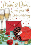 The illustration on this anniversary card offers a richly detailed snapshot of celebration and affection, the sort of scene you might imagine unfolding in a Millwall apartment overlooking the docks. In the foreground, lush red roses lie artfully across the card's surface, each bloom painted with layered, velvety petals that curl outward in deep shades of crimson and ruby. They bring to mind a freshly arranged bouquet ready for same-day delivery around Millwall and the Isle of Dogs. To their side rests a heart-shaped chocolate box, its rounded edges softened by a glossy, deep red finish. An extravagant bow, tied in wide loops with trailing ends, sits proudly on top, its folds catching the light. The lid is eased open enough to reveal an assortment of chocolates tucked neatly inside, each one suggesting a different, indulgent bite to be shared. Behind this, two tall champagne flutes stand shoulder to shoulder, brimming with golden fizz. Fine streams of bubbles rise within the glasses, frozen at the moment just before a joyful toast. Around the central composition, dainty hearts in shades of red and gold flutter across a pale background, encircling tender words for "Mum & Dad" and lending the design a playful, romantic energy. In the corner, a bold scarlet envelope lies partially in view, its flap sealed and smooth, hinting at a handwritten message full of gratitude and love. The entire scene glows with warm reds, gentle creams, and sparkling golds, evoking a feeling of cosy intimacy-a quiet anniversary celebration in Millwall where roses, chocolates, and champagne come together to honour a lifetime shared.